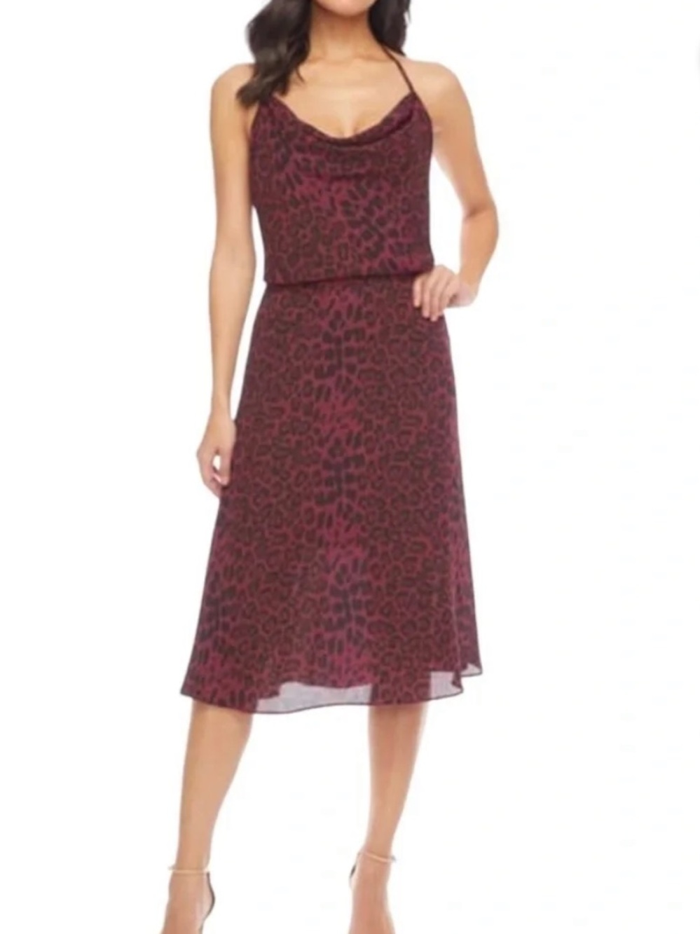 Dress the Population Zherra Burgundy and Black Leopard Cowl Slip Midi Dress